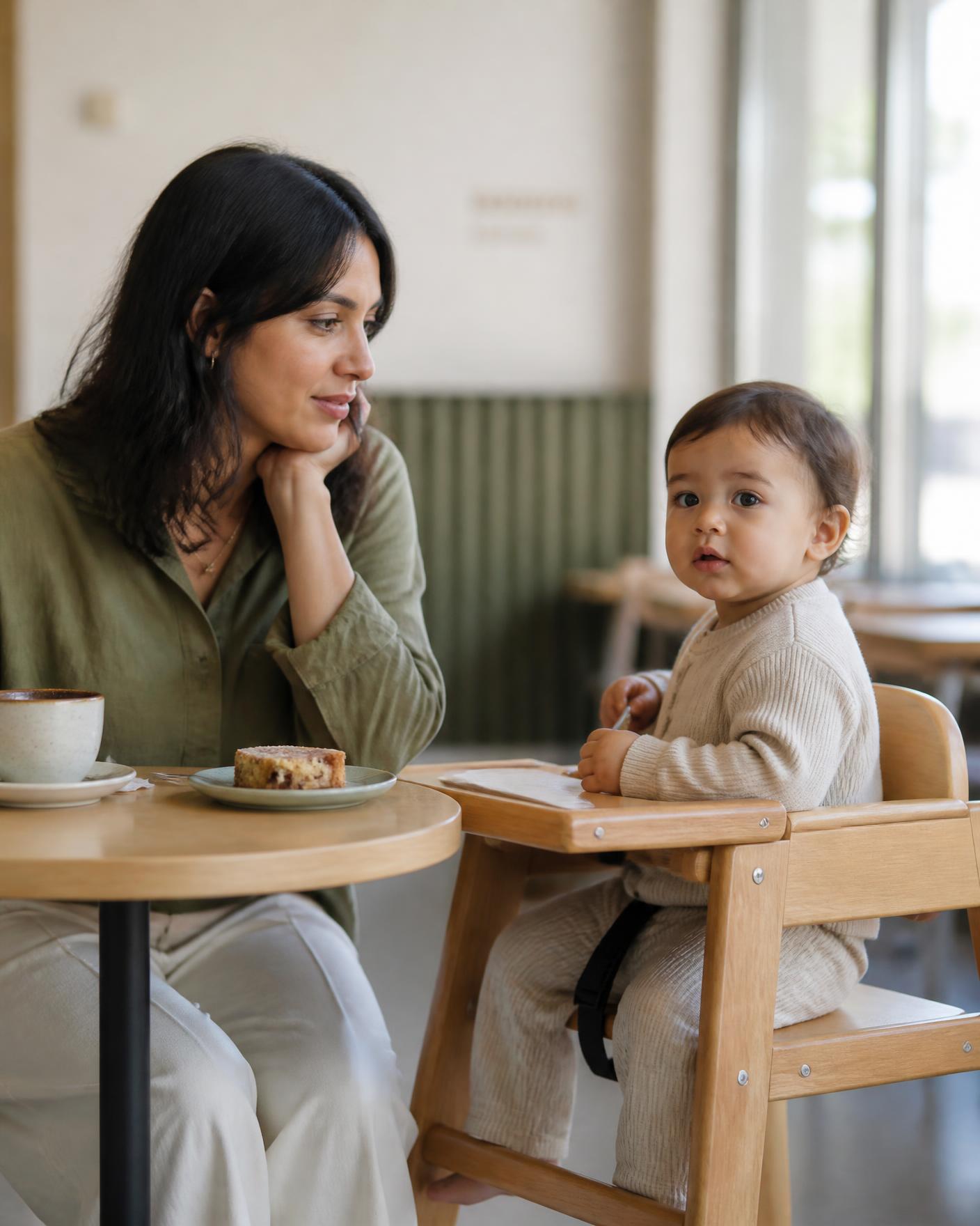 A parent sitting with a toddler in a highchair at a cafe table